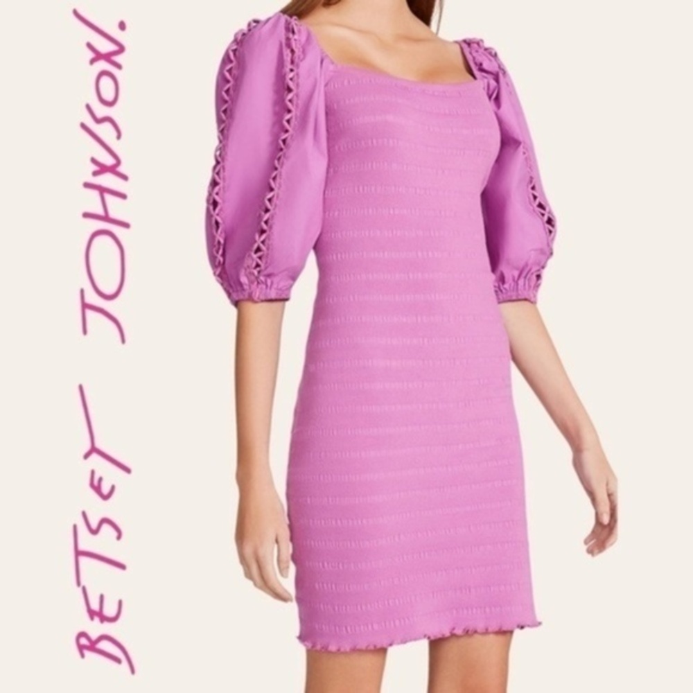 BETSEY JOHNSON Fully Smocked Lace-Cut-Out-Puff-Sleeve Square Neck MiniDress/Lg
